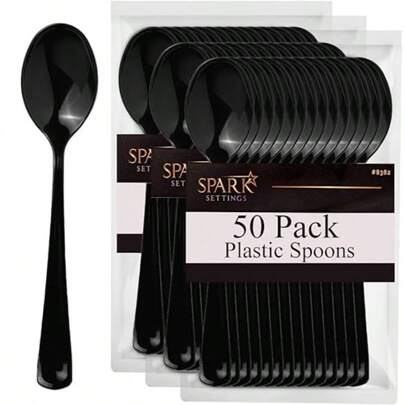 Black Disposable Plastic Spoons - Heavy Duty Silverware Ideal For Hot Cold Food Perfect For Home Office School Parties Weddings - 50 Pack