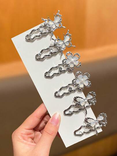 女士发夹，时尚优雅，Y2K风格，闪亮水钻，花朵蝴蝶造型，适合刘海和各种发型，是节日派对、海滩度假的理想之选，也是女士发饰和母亲节礼物。
