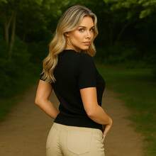 Women's Short Sleeve Blouse | Short Sleeve Blouse | Summer Blouse | Short Sleeve Elastane Blouse - 黑色 - 查看 2