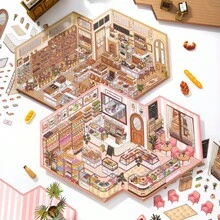 模擬商店管理系列風景貼紙，迷你場景 DIY 手作貼紙，包含蛋糕店、便利店、烘焙店、健身房和甜點房場景，趣味貼紙、可愛貼紙、角色貼紙，理想的生日禮物與開學禮物 - 均碼1 - 查看 2