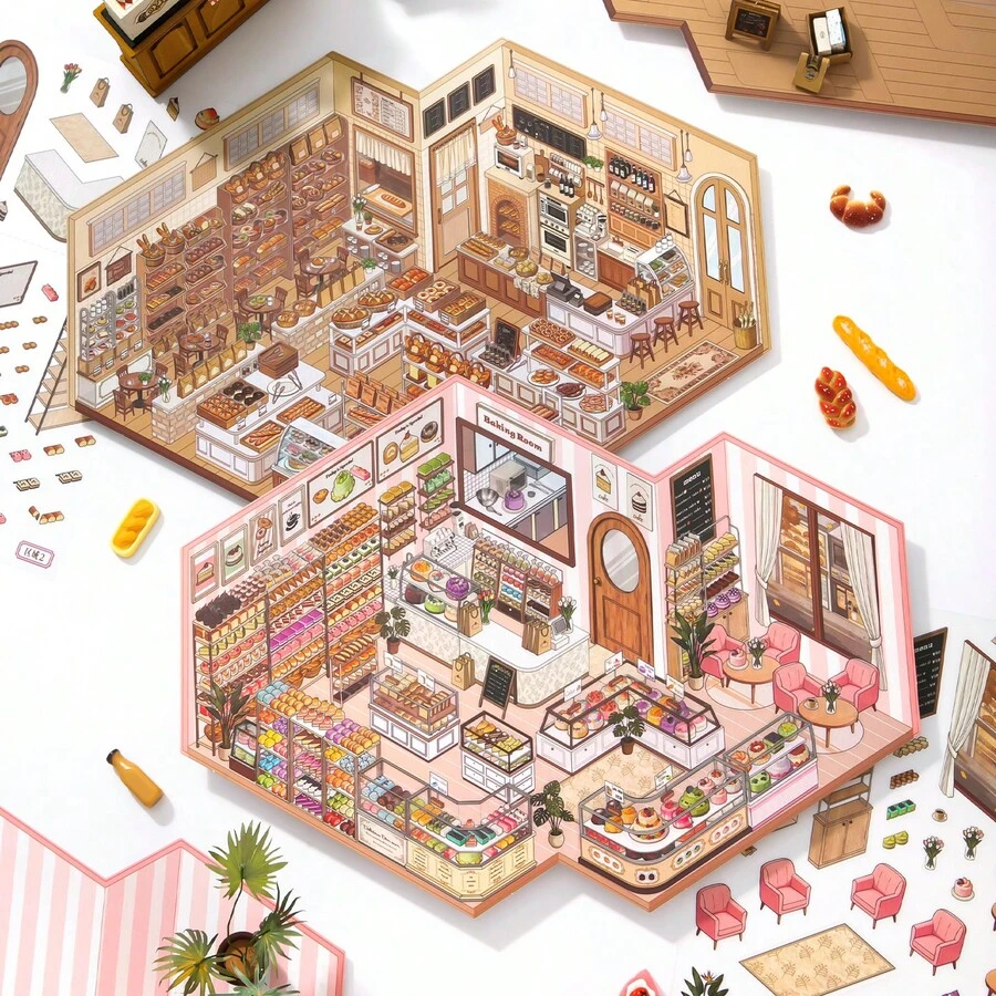 模擬商店管理系列風景貼紙，迷你場景 DIY 手作貼紙，包含蛋糕店、便利店、烘焙店、健身房和甜點房場景，趣味貼紙、可愛貼紙、角色貼紙，理想的生日禮物與開學禮物