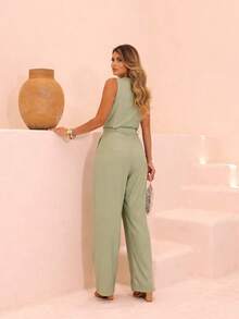 Linen Set With Wide-Leg Pants And V-Neck - Mint Green - View 2