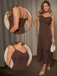 Elegant Women's Long Dress With Padded Cups, Lining, Adjustable Straps, And Front Buttons - 鏽棕色 - 查看 1