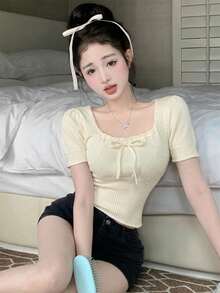 New Spring/Summer Sexy Ribbed Knit Crop Top With Drawstring, Square Neck, Fitted Silhouette - Apricot - View 4
