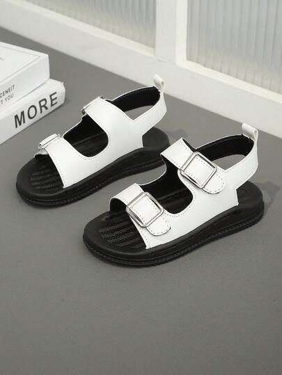 1 Pair White Boys' Flat Sandals, Solid Color Soft Leather, Round Toe Lightweight Elastic Soft Sole, Adjustable One-Strap Design, Fashionable Classic Cute Children Beach/Roman Slippers For Casual, Beach, School, Holiday Wear, Spring/Summer New Arrival