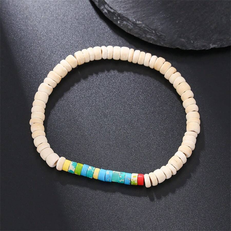 1 chiếc vòng tay phong cách Punk hình đầu lâu và vỏ dừa, kết hợp hạt gỗ và mảnh gỗ, co giãn tốt, thích hợp làm quà tặng cho nam và nữ. - Nhiều màu - Xem 1
