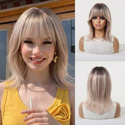 Tóc giả ngắn 14 inch, kiểu tóc chuyển màu, có mái, các lớp tóc rõ nét, bồng bềnh và mềm mại, kiểu Pháp thoải mái, tóc giả sợi tổng hợp nhiều lớp tự nhiên, kiểu tóc giả nữ đa năng và thanh lịch để sử dụng hàng ngày, dễ đội và dễ bảo quản, phù hợp cho phụ nữ sử dụng hàng ngày và trong các dịp lễ hội, một món quà lễ hội dành cho phụ nữ.