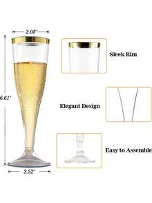 Bộ 5/10/20/25/40/50/100 chiếc, ly sâm panh thủy tinh trong suốt viền vàng, dung tích 4.5 oz, có thể tái sử dụng, bền và sang trọng, thích hợp cho đám cưới, tiệc cocktail, lễ hội, Giáng sinh và Năm mới. - Xem 3