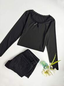 Camiseta interior de punto acanalado de manga larga con cuello cuadrado, lazo y encaje sexy para mujer - Negro - Ver 7