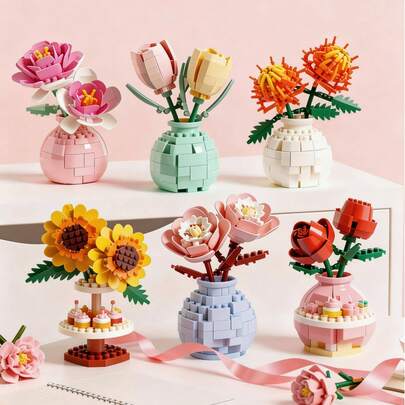 POKOJA LAND 1 件/846 件人造永生花多肉植物手工花束 DIY 百合/菊花/玫瑰/芙蓉/牡丹/向日葵/郁金香/栀子花 3D 拼图组装积木模型家居装饰桌面摆件，母亲节/生日礼物