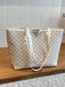 1pc White PU Smooth Zipper M-Print V-Shape Metal Rivet Inlaid Fashion Versatile Casual Minimalist Spring New Niche Large Capacity Shoulder Tote Bag, Suitable For Women's Daily Use - White - View 3