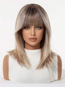 14 Inch Ombre Light Brown & Golden Highlight Short Straight Wig For Women, With Air Bangs, Natural Looking, Heat Resistant Synthetic Fiber, Suitable For Cosplay, Party, Daily Use, Wig Replacement - Multicolor - View 5