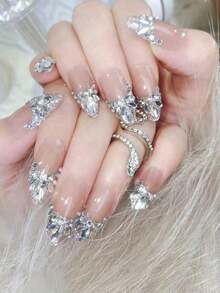 24pcs Silver Diamond French Press-On Nails For Women & Girls, Long Almond Full Cover Fake Nails With Sparkling Rhinestone French Tips, Elegant Acrylic Nails For New Year, Valentine's Day, Party, Wedding, Bridal, Reusable DIY Nail Kit Includes Jelly Glue & Nail File, Nail Supplies - Bạc - Xem 6