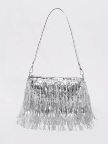 女士银色亮片流苏单肩包，闪亮晚宴手拿包，适合派对、婚礼、舞会等场合 - 銀色 - 查看 10