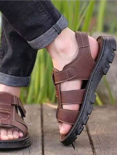 Men's Summer New Genuine Leather Casual Beach Sandals, Thick Sole Non-Slip Durable Slippers