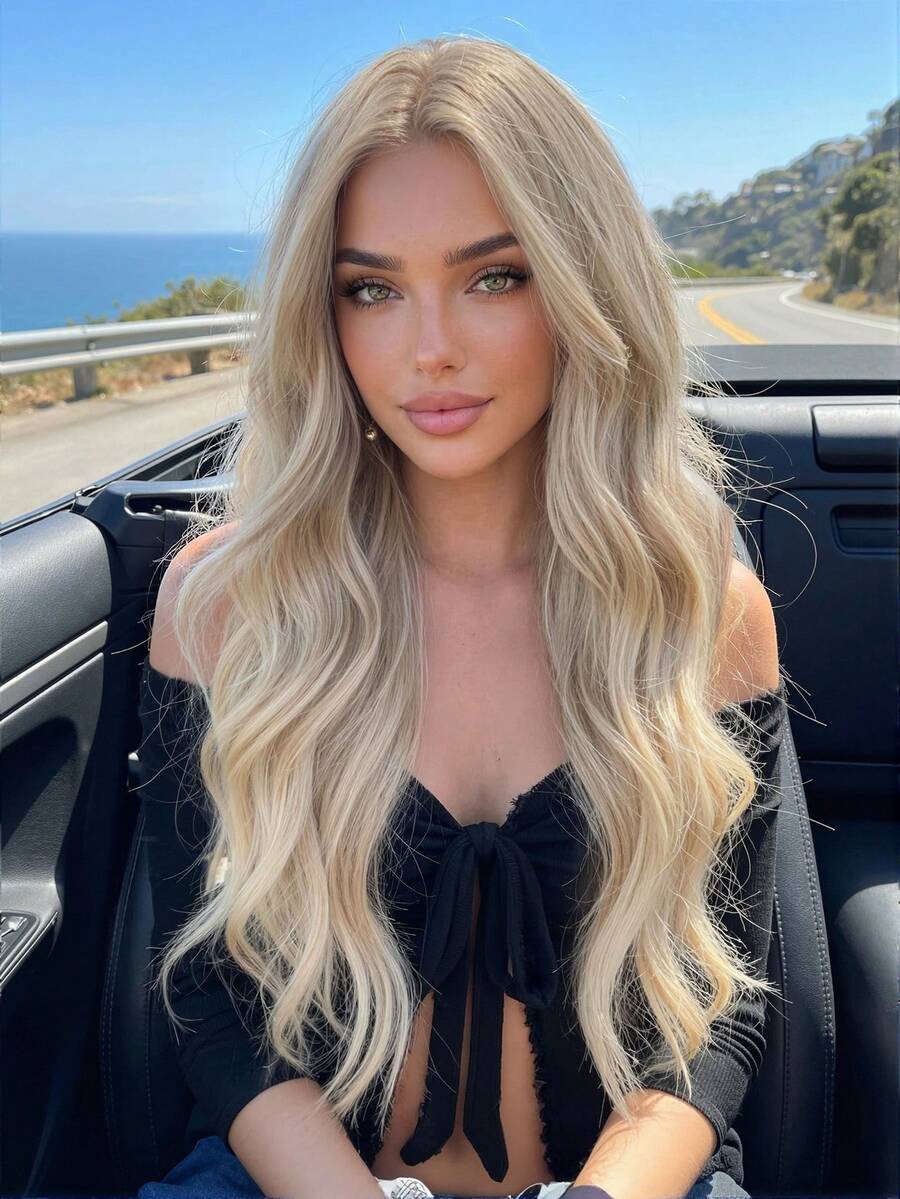 28英寸优雅日常长款波浪金色挑染刘海假发，适合日常佩戴、角色扮演、派对、圣诞节、新年狂欢节、音乐节，是送给女孩的理想礼物，也适合毕业季、万圣节等场合。 - 金色 - 查看 1