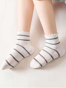 5双春夏新款蝴蝶结蕾丝网眼袜，透气婴儿袜，灰白条纹女童袜，简约百搭 - 彩色 - 查看 3