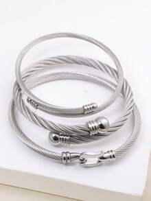 Bộ 3 vòng tay nam kiểu cổ điển bằng dây xoắn, khóa hình chữ U và mặt dây chuyền hình cầu tròn, có thể đeo chồng lên nhau. - Bạc - Xem 7