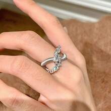 1 Piece Of Solid Color Diamond-Embellished Brushed Irregular Cross Ring, Simple And Versatile - 銀色交叉戒指 - 查看 10