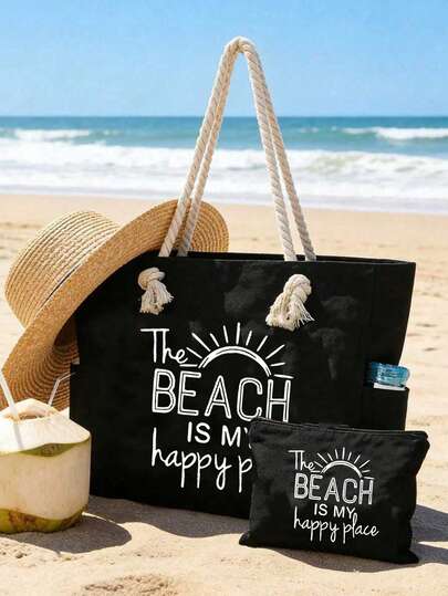 女士沙滩手提包套装，印有“沙滩是我的快乐之地”图案，大容量单肩包和配套小袋，海洋生物图案波西米亚风旅行沙滩包，轻便夏季度假女士沙滩手提包，耐用可重复使用的购物袋，适合日常通勤、购物、沙滩日光浴、野餐、露营、健身、旅行和工作，旅行手提包，度假收纳包，泳池包，沙滩包，女士周末包，送给家人、朋友、老师的理想礼物。