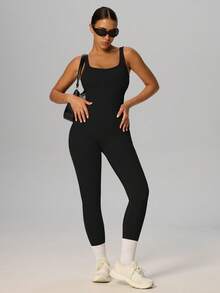 Yefecy Women's Minimalist Solid Color Sleeveless Jumpsuit, Suitable For Daily Fitness Wear Sports - màu đen - Xem 4