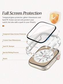 1pc Unisex Silver Sparkling Rhinestone Decorated Fashionable Anti-Drop 2-In-1 Ultra-Thin Tempered Glass Screen Protector Compatible With Apple Watch 40/41/42/44/45/46/49mm, Suitable For Apple Watch Ultra/SE/11/10/9/8/7/6/5/4 Series - Silver - View 7
