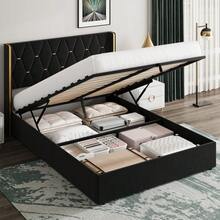 TEQIN Lift Up Full Size Storage Bed Frame With With Headboard, Velvet Upholstered Full Platform Bed With Diamond Tufted Design & Gold Trim, Hydraulic Support, No Box Spring Needed - Đen tuyền - Xem 1