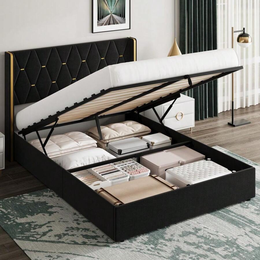 TEQIN Lift Up Full Size Storage Bed Frame With With Headboard, Velvet Upholstered Full Platform Bed With Diamond Tufted Design & Gold Trim, Hydraulic Support, No Box Spring Needed - Đen tuyền - Xem 1