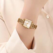 Bộ 2 đồng hồ nữ thanh lịch kiểu cổ điển - Đồng hồ thạch anh dây xích hình trái tim sang trọng với mặt vuông và dây đeo bằng thép không gỉ, đồng hồ đeo tay kim cổ điển, thích hợp làm quà tặng lễ Phục Sinh hoặc đeo hàng ngày. - Vàng - Xem 5