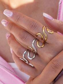 Frminee 3pcs/1pc Vintage Thick Geometric Stainless Steel Rings, Minimalist Hollow Geometric Asymmetric Design Stackable Rings, Casual Versatile, Perfect Gift For Her, Suitable For Teenagers - Multicolor 2 - View 4