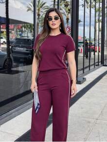 Women's Burgundy Urban 2-Piece Set, Casual And Sophisticated, Pleated Blouse, Comfortable Striped Fleece Pants, Spring/Summer 2026 Fashion, High-Style Loungewear - 勃根地/條紋 - 查看 3