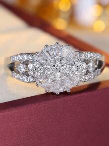 1枚闪亮向日葵戒指，奢华全镶立方氧化锆设计，优雅简约鸡尾酒戒指，高端通勤珠宝 - 戒指 - 查看 11