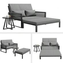 Garden Lounger With Woven Iron Armrests / Weatherproof Outdoor Sofa / Includes Glass Coffee Table & Cushions / Grey - Grey - View 10