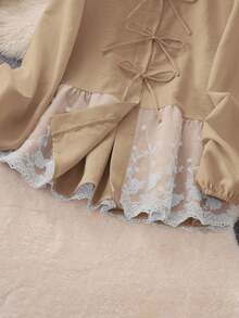 女士优雅通勤可爱甜美蝴蝶结圆领七分袖高腰上衣，刺绣蕾丝拼接衬衫，春夏款 - 摩卡棕 - 查看 5