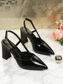 1 Pair Plus Size Teenager Girls' High Heel Sandals, Shiny Mirror PU Material, Pointed Toe Chunky Heel, Ankle Strap Metal Buckle Design, Fashionable Elegant Princess Style Platform Sandals, Suitable For Casual, Holiday, Party, Street, Office Wear, Spring/Summer New Arrival - Black - View 5