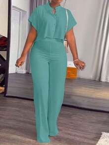 2pcs Women Summer Solid Color Stand Collar Short Sleeve Shirt + Elegant White Wide Leg Pants Set - Mint Green - View 1