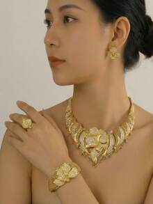 夏季西部风情黄金首饰四件套时尚18K镀金首饰套装，迪拜非洲风情项链耳环戒指婚礼新娘首饰套装，女士 - 項鍊+戒指+手鐲+耳環 - 查看 8