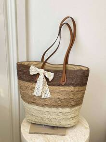 Gradient Striped Straw Tote Bag, Bow Tie Shoulder Bag, Large Capacity Woven Casual Bag, Retro PU Leather Strap, Fits , Casual Beach Vacation Bag, French Slouchy, Large Zipper Tote Bag, Commute & Travel Dual-Use Bag, Essential For Summer Beach Vacation - Coffee Brown - View 12