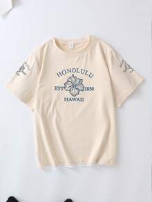 花卉印花圓領女款大尺碼休閒夏季上衣，時尚印花短袖，適合夏季度假、海灘假期、春季穿著、情人節、嘉年華、母親節禮物、畢業典禮、返校、教師，亦適用於日常穿著、外出、郊遊、節慶、海灘、派對、聚會、學校、音樂節、假期、通勤、健身、婚禮、新年、春季上衣、夏季、節日 - 杏色 - 查看 2