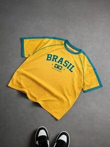 1pc Tween Boys' Fashionable Sporty Contrast Color Patchwork Short Sleeve T-Shirt - Yellow - View 2
