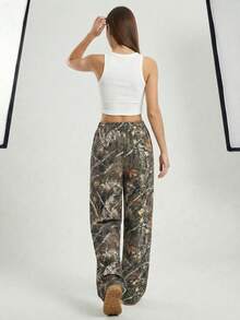 迷彩印花抽绳腰阔腿裤 Y2K 街头风宽松长裤 - 花灰色 - 查看 2