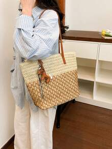 Túi đi biển bằng rơm kiểu mới năm 2026, túi tote dệt mùa hè, túi xách tay cỡ lớn (không kèm mặt dây chuyền) - Nhiều màu - Xem 6