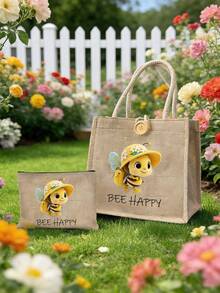 两件套可爱蜜蜂戴帽子图案手提袋，印有“Bee Happy”字样，女士沙滩手提袋套装，便携购物袋，大容量手提包，带化妆袋，旅行手提包，适合假日度假周末短途旅行，送给新郎/新娘母亲的礼物，适合婚礼、订婚、单身派对、新娘送礼会、复活节等场合。 - 彩色 - 查看 2