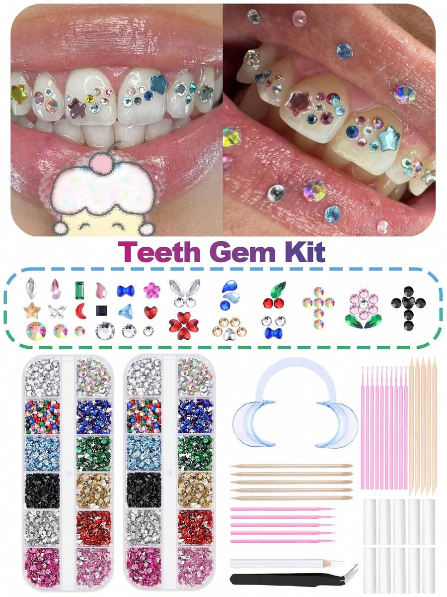 1 Set de joyería para dientes con patrón geométrico multicolor, mariposa y rhinestone, set de decoración de dientes retro Y2K única, gemas de dientes asimétricas adecuadas para uso diario, fiesta, San Valentín, unisex (excluye adhesivo)