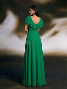 Smilprince 长款绿色伴娘礼服，V领，荷叶边袖，梭织面料 - 綠色 - 查看 2