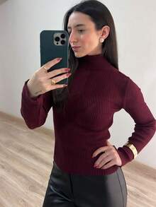 Women's Ribbed Knit Blouse, High Neck, Long Sleeve, Elegant, Simple, Knitted Polyester, Home, Beach, Daily - Burgundy - View 3