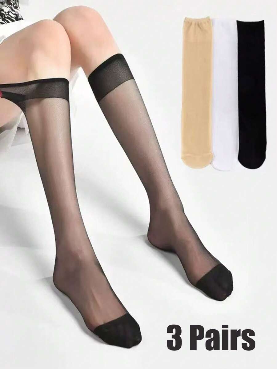 3双装女士透明过膝长筒袜，适合夏季穿着 - 彩色 - 查看 1