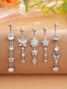 Bộ 5 khuyên rốn dài bằng thép không gỉ, thiết kế hình hoa bướm 4 đoạn đính đá Cubic Zirconia, mạ vàng 18K, trang sức gợi cảm dành cho nữ, thích hợp cho các dịp lễ hội. - Vàng - Xem 7