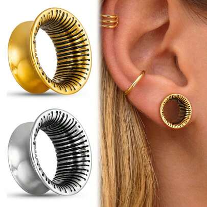 2PCS Hollow Round Stripe Ear Gauges Plugs Tunnels 316L Stainless Steel Expander Expansions Earring Piercing Body Jewelry