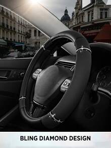 1 Stück universelle Strass-Echtleder Lenkradabdeckung, luxuriöse funkelnde Strass Anti-Rutsch Lenkradhülle, passend für die meisten Fahrzeuge 36-38cm, süßes und modisches Auto-Innenraum-Accessoire für Limousine, SUV und Lkw, geeignet für tägliches Fahren und Feiertagsdekoration - A - Übersicht 6
